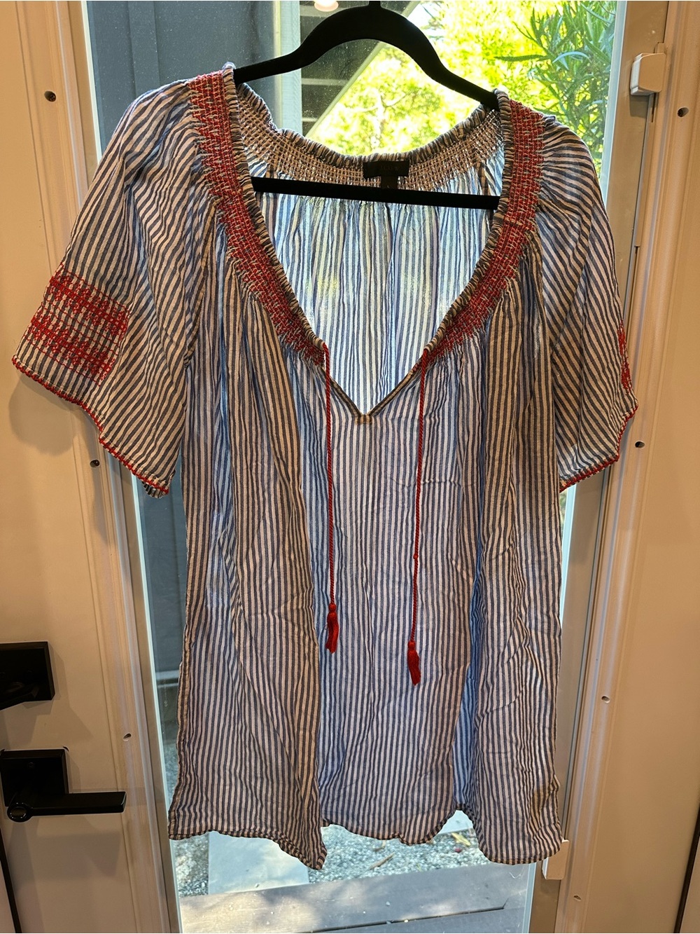 J. Crew Blue and White Striped Women's Swim Coverup with Red Trim